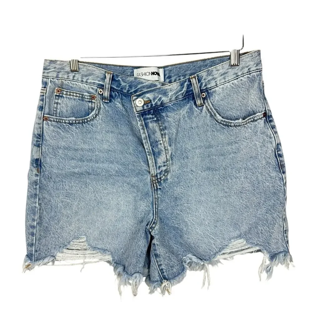 Fashion Nova V-waist High Rise Light Wash Distressed Cotton Denim Shorts Size 13